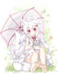  1girl animal animal_ears bare_shoulders barefoot butterfly dress feet flower highres long_hair mitsuki original sitting soles solo tail toes umbrella violet_eyes white_background white_hair 