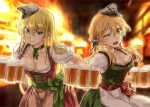  2girls abo_(hechouchou) alcohol alternate_costume beer beer_mug bismarck_(kantai_collection) blonde_hair blue_eyes breasts dirndl german_clothes hair_ornament hat kantai_collection large_breasts long_hair looking_at_viewer military_hat multiple_girls oktoberfest one_eye_closed open_mouth peaked_cap prinz_eugen_(kantai_collection) traditional_clothes twintails 