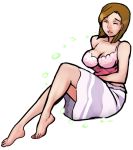  1girl aroma_lady_(pokemon) barefoot bob_cut breasts brown_hair cleavage closed_eyes crossed_legs dress full_body large_breasts npc pokemon pokemon_(game) scathegrapes short_hair sitting solo sundress 