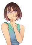  1girl breasts brown_eyes brown_hair glasses hand_on_own_face highres jpeg_artifacts lips nac000 original purple-framed_glasses semi-rimless_glasses short_hair solo upper_body white_background 