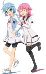  2girls aoi_(houkago_no_pleiades) bike_shorts blue_eyes blue_hair closed_eyes glasses highres houkago_no_pleiades multiple_girls pink_hair school_uniform shira-nyoro short_hair simple_background subaru_(houkago_no_pleiades) thigh-highs 