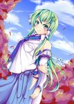  1girl autumn_leaves bird blouse blue_sky breasts clouds detached_sleeves frog_hair_ornament green_eyes green_hair hair_ornament kochiya_sanae long_hair skirt sky smile snake_hair_ornament touhou tree yumibakama_meme 