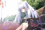  1girl ahoge bench blurry bubble depth_of_field highres isla_(plastic_memories) long_hair looking_at_viewer makadamixa plaid plaid_skirt plastic_memories red_eyes silver_hair sitting_on_bench skirt smile solo twintails 