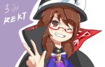  1girl :d brown_eyes brown_hair cape glasses kapiten70 low_twintails open_mouth red-framed_glasses smile touhou twintails usami_sumireko w 