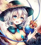  1girl blue_eyes blush commentary_request crown eyeball hat hat_ribbon komeiji_koishi long_sleeves open_mouth ribbon shirt silver_hair smile solo third_eye touhou ukita_uuko upper_body wide_sleeves 