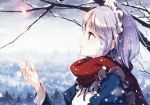  1girl absurdres blue_eyes from_side highres huge_filesize izayoi_sakuya ke-ta maid maid_headdress perfect_cherry_blossom petals profile red_scarf scan scarf silver_hair snow snowing solo touhou 