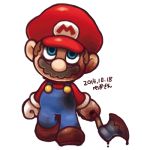  1boy artist_name axe blood blue_eyes brown_shoes dated facial_hair ghost-pepper gloves hat lowres mario mustache overalls shoes solo super_mario_bros. weapon white_gloves 