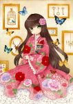  1girl brown_hair butterfly commentary_request deer flower flower_ornament frame frilled_kimono frilled_sleeves frills green_eyes hair_flower hair_ornament hand_to_own_mouth japanese_clothes kimono long_hair looking_at_viewer original salmonluv3 solo very_long_hair wide_sleeves 