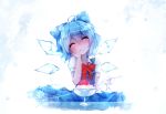  1girl ahoge bai_yemeng blue_dress blue_hair blush bow cirno closed_eyes dress eating hair_bow hand_on_own_cheek happy ice ice_wings puffy_short_sleeves puffy_sleeves shaved_ice shirt short_sleeves solo spoon touhou wings 