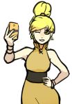  1girl ;) blonde_hair bracelet cellphone dress earrings hand_on_hip hoop_earrings jewelry long_hair one_eye_closed phone pokemon pokemon_special ponytail sash scathegrapes self_shot sleeveless sleeveless_turtleneck smartphone smile solo turtleneck yellow_(pokemon) yellow_eyes 