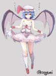  1girl adapted_costume alternate_costume bat_wings blue_hair blush colored full_body grey_background hat hat_ribbon kneehighs looking_at_viewer mob_cap open_mouth red_eyes remilia_scarlet ribbon shirt shoes short_hair simple_background sketch skirt skirt_hold skirt_set sleeveless solo text touhou translation_request twitter_username white_legwear wings wowoguni wrist_cuffs 