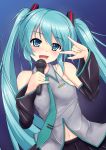  1girl bare_shoulders blue_eyes blue_hair blush detached_sleeves hair_ornament hatsune_miku kishimen long_hair microphone navel necktie open_mouth pose shirt skirt smile solo twintails very_long_hair vocaloid wide_sleeves 