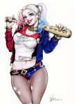  1girl baseball_bat batman_(series) blonde_hair blue_eyes blue_hair blue_nails bracelet breasts commentary_request cowboy_shot dc_comics earrings eyeshadow gradient_hair gtolin_chang harley_quinn jacket jewelry large_breasts licking_lips lipstick long_hair makeup midriff mole mole_under_eye multicolored_hair nail_polish necklace open_clothes open_jacket pantyhose red_nails redhead smile solo spiked_bracelet spikes suicide_squad tongue tongue_out torn_clothes torn_pantyhose twintails 
