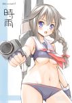  1girl adapted_costume bikini black_hair blue_eyes braid breasts cannon fujishima_shinnosuke hair_flaps kantai_collection long_hair sailor_collar shigure_(kantai_collection) solo swimsuit under_boob 