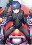  1girl arm_support arm_up belt blue_eyes blue_hair bob_(biyonbiyon) bodysuit covered_navel from_above ghost_in_the_shell ghost_in_the_shell_arise gun handgun head_mounted_display holding_weapon kusanagi_motoko logicoma looking_at_viewer shiny shiny_clothes short_hair sitting skin_tight solo weapon 