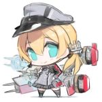  1girl anchor_hair_ornament blonde_hair blue_eyes hair_ornament hat iron_cross kantai_collection long_hair long_sleeves lowres machinery military military_uniform minono_aki peaked_cap prinz_eugen_(kantai_collection) simple_background smile solo standing turret twintails uniform white_background 