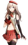  1girl alisa_ilinichina_amiella blue_eyes breasts elbow_gloves face fingerless_gloves gloves god_eater god_eater_2:_rage_burst hat large_breasts long_hair looking_at_viewer plaid plaid_skirt simple_background skirt smile thigh-highs under_boob white_hair 