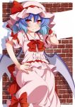  1girl bat_wings blue_hair blush bow eichi_yuu fang hand_on_hip hat hat_ribbon highres looking_at_viewer mob_cap red_bow red_eyes red_ribbon remilia_scarlet ribbon short_hair short_sleeves solo touhou wings wrist_cuffs 