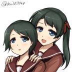  2girls :d :o artist_name black_hair blue_eyes don_(29219) hair_ribbon hands_on_another&#039;s_shoulders kantai_collection long_hair looking_at_viewer looking_up mikuma_(kantai_collection) mogami_(kantai_collection) multiple_girls open_mouth ribbon school_uniform serafuku short_hair simple_background smile sweatdrop twintails twitter_username white_background 