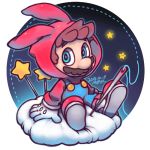  1boy animal_ears blue_eyes brown_hair facial_hair ghost-pepper gloves hoodie lowres mario mustache needle overalls rabbit_ears sitting solo star starman_(mario) super_mario_bros. thread white_gloves 