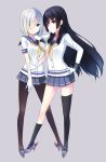  2girls black_hair blue_eyes cafe_choco gloves hair_ornament hair_over_one_eye hairclip hamakaze_(kantai_collection) hand_on_hip highres isokaze_(kantai_collection) kantai_collection long_hair multiple_girls red_eyes school_uniform serafuku silver_hair smile 