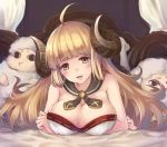  1girl anira_(granblue_fantasy) bare_arms bare_shoulders bed blonde_hair breasts canopy_bed cleavage dress eyebrows granblue_fantasy horns large_breasts long_hair lying on_bed on_stomach open_mouth oukawa_yuu sheep sheep_horns smile solo strapless_dress thick_eyebrows yellow_eyes 