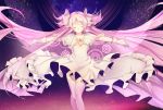  1girl bow cangchen closed_eyes dress gloves goddess_madoka hair_bow hair_ribbon highres kaname_madoka long_hair mahou_shoujo_madoka_magica outstretched_arms pink_hair ribbon sky solo space spoilers star_(sky) starry_sky thigh-highs two_side_up 