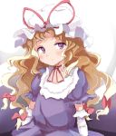  1girl arms_at_sides blonde_hair blush bow choker dress elbow_gloves expressionless flan_(harry_mackenzie) gloves hair_bow hat hat_ribbon long_hair looking_to_the_side mob_cap puffy_short_sleeves puffy_sleeves purple_background purple_dress ribbon ribbon_choker short_sleeves solo touhou violet_eyes white_background white_gloves yakumo_yukari younger 