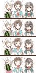  &gt;_&lt; 3girls 4koma black_hair brown_eyes brown_hair comic confused eating eve_santaclaus food fruit fujiwara_hajime highres idolmaster idolmaster_cinderella_girls itomugi-kun long_hair multiple_girls nitta_minami smile watermelon white_hair yellow_eyes 