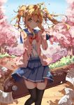  1girl artist_request blonde_hair cherry_blossoms cherry_trees flower hair_flower hair_ornament hand_in_hair highres instrument_case instrument_request looking_at_viewer original school_uniform serafuku sheet_music skirt smile solo swing thigh-highs 