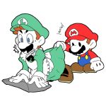  /\/\/\ 2boys blue_eyes brown_shoes crossdressinging dress dress_lift facial_hair ghost-pepper gloves lowres luigi maid mario multiple_boys mustache nintendo open_mouth overalls shoes simple_background super_mario_bros. sweatdrop white_background white_gloves 