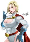  1girl belt blonde_hair blue_eyes breasts butcha-u cape cleavage cleavage_cutout dc_comics gloves hand_on_hip large_breasts leotard lips looking_at_viewer open_mouth power_girl short_hair smile solo 
