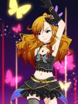  1girl arm_up armlet armpits black_gloves blue_eyes butterfly choker cowboy_shot crescent_earrings earrings frilled_skirt frills gloves hair_ornament heterochromia idolmaster idolmaster_one_for_all jewelry koiwai_ringo long_hair midriff orange_hair reon_(idolmaster) single_thighhigh skirt smile solo thigh-highs violet_eyes 