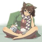  1girl animal_ears barefoot breasts brown_eyes brown_hair cleavage futatsuiwa_mamizou glasses gourd haori highres indian_style japanese_clothes kiseru kugi_(kugi-xiv) leaf leaf_on_head mouth_hold pipe raccoon_ears scarf sitting touhou 