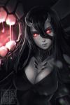  1girl battleship-symbiotic_hime black_dress black_hair breasts chromatic_aberration cleavage clockwork-cadaver dress glowing glowing_eyes horns kantai_collection large_breasts lips long_hair looking_at_viewer nose oni_horns pale_skin red_eyes shinkaisei-kan solo upper_body very_long_hair 