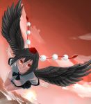  1girl absurdres black_hair black_wings clouds flying hat highres looking_at_viewer onji outstretched_arms pom_pom_(clothes) puffy_sleeves red_eyes shameimaru_aya shirt short_hair short_sleeves skirt sky smile solo string tokin_hat touhou wings 