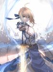  1girl ahoge armor armored_dress blonde_hair blue_dress dress eisuto excalibur fate/stay_night fate_(series) glowing glowing_sword glowing_weapon green_eyes looking_at_viewer metal_gloves outstretched_arm saber solo sword weapon 