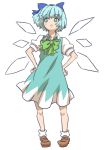  1girl blue_eyes blue_hair blue_ribbon cirno dress fairy_wings full_body gachako hair_ribbon hands_on_hips ribbon short_hair simple_background socks solo touhou white_background wings 