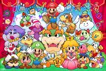 bag bandaid blonde_hair blush_stickers bow bowser character_request crown dress earrings ghost-pepper hair_bow hand_behind_head hat highres jewelry letter long_hair luigi mario nintendo one_eye_closed overalls paper_mario pink_dress princess_peach satchel super_paper_mario waving wings 