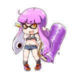  1girl ahoge breasts chibi crop_top denim denim_shorts fang inkling jinnouchi_akira midriff navel paint_roller pointy_ears purple_hair shoes short_shorts shorts small_breasts sneakers splatoon tank_top tentacle_hair under_boob yellow_eyes 