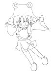  1girl hair_ribbon hat lineart moegi_yuu monochrome moriya_suwako no_nose outstretched_arms ribbon short_hair_with_long_locks simple_background solo spread_arms thigh-highs touhou white_background wide_sleeves 