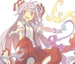  1girl bow fire fujiwara_no_mokou hair_bow hair_ornament hair_ribbon jpeg_artifacts long_hair looking_to_the_side morino_hon open_mouth outstretched_arm pants red_eyes ribbon shirt short_sleeves silver_hair simple_background smile solo torn_clothes torn_sleeves touhou white_background 