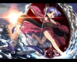  1girl bare_legs barefoot bowl clouds commentary_request fish flying_fish in_bowl in_container japanese_clothes kimono long_sleeves needle obi open_mouth purple_hair red_eyes running sash shope sky solo sukuna_shinmyoumaru sunset touhou upskirt water wide_sleeves 