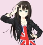  1girl alternate_costume black_hair earrings gedou_(ge_ge_gedou) green_eyes idolmaster idolmaster_cinderella_girls jewelry leather_jacket long_hair necklace shibuya_rin solo union_jack 