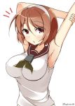  1girl arms_up artist_name blush breasts brown_eyes brown_hair hairband japanese_clothes kankitsunabe_(citrus) kantai_collection large_breasts looking_at_viewer miko natori_(kantai_collection) open_mouth outstretched_arms school_uniform serafuku short_hair solo stretch twitter_username white_background 