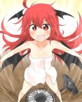  +_+ 1girl bat_wings blush breasts cleavage collarbone electric_fan head_wings koakuma long_hair looking_at_viewer naked_towel nobamo_pieruda open_mouth outstretched_arms red_eyes redhead smile solo touhou towel wings 