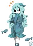  aqua aqua_hair bangs fish fish_hair_ornament hair_ornament hair_stick hand_to_own_mouth long_hair mary_janes monochrome muxiyou o_o oounabara_to_wadanohara pale_skin payot shoes simple_background solid_circle_eyes spot_color swept_bangs uomihime white_background wide_sleeves 
