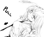  1girl animal_ears blush directional_arrow english geppewi long_hair long_sleeves looking_at_viewer monochrome necktie rabbit_ears reisen_udongein_inaba shirt simple_background sketch solo text touhou wavy_mouth white_background 