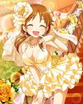  1girl artist_request bracelet brown_hair closed_eyes dress earrings idolmaster idolmaster_cinderella_girls jewelry katagiri_sanae necklace official_art short_twintails smile twintails yellow_dress 