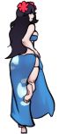  1girl ass bare_shoulders barefoot black_hair cosplay flower from_behind full_body fuyou_(pokemon)_(cosplay) hair_flower hair_ornament hair_over_one_eye hex_maniac_(pokemon) long_hair npc pokemon pokemon_(game) pokemon_xy sarong scathegrapes soles solo strapless tubetop violet_eyes 